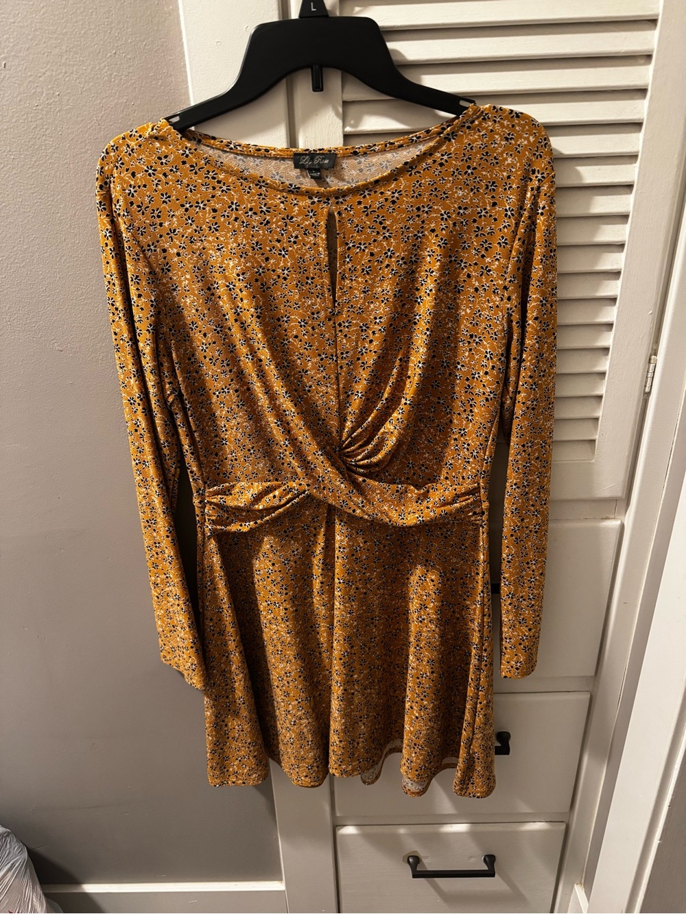 Lily Rose Mustard Floral Long-Sleeve Twist-Waist Dress
